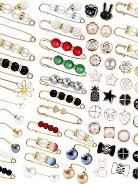 69 Pcs Pearl Brooch, Sweater Shawl Hat Clip Neckline Pins Double Faux Pearl Broo